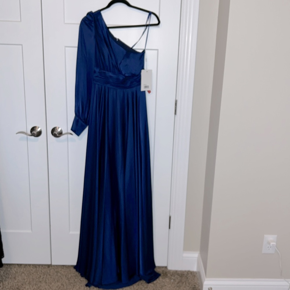 NWT Ieena for Mac Duggal Blue One Shoulder Bishop Sleeve Flowy Gown - 67866 - Picture 2 of 9